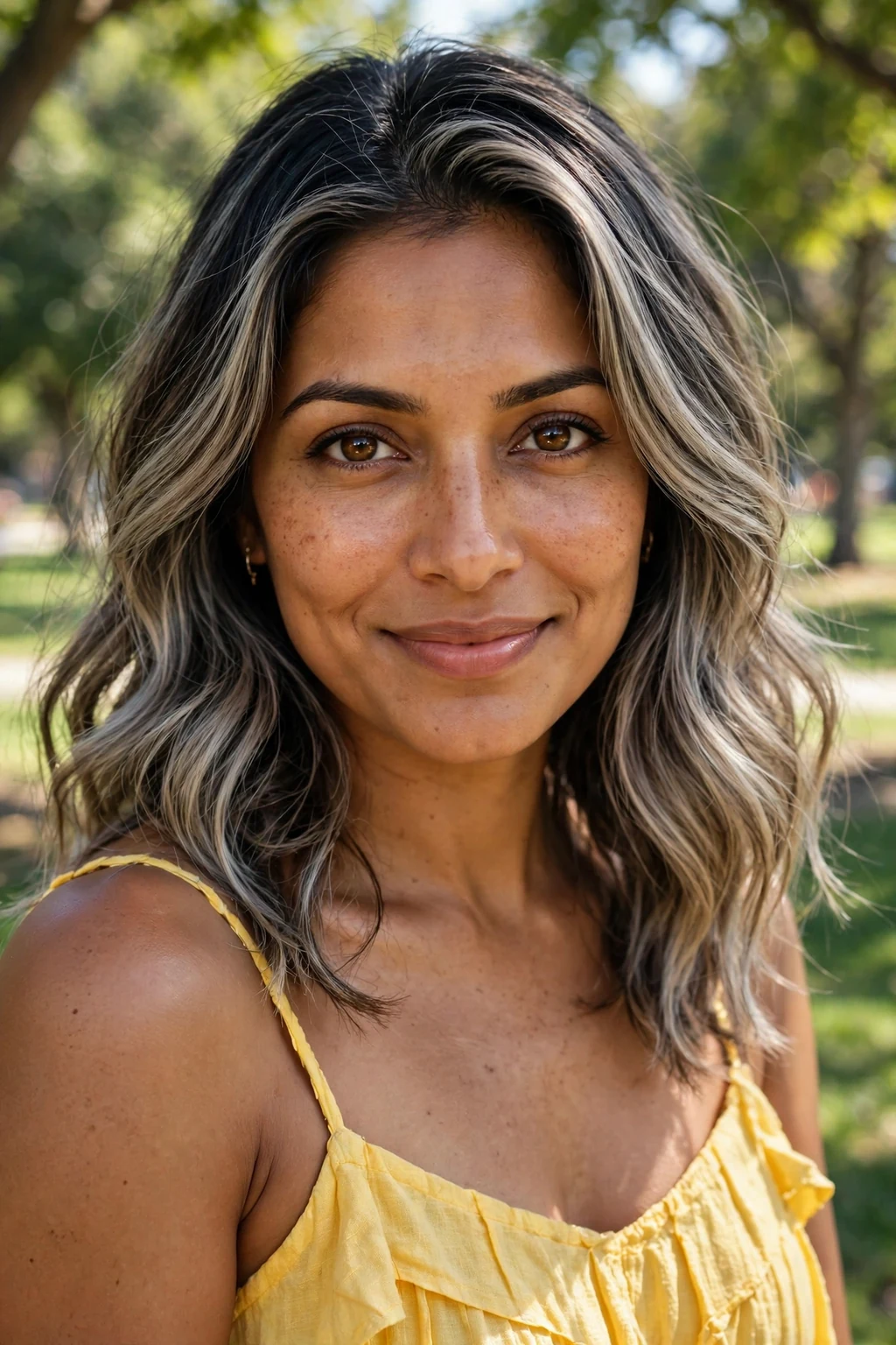 Beautiful woman with dark hair and ash blonde blend, ash blonde silver mix, fresh light.