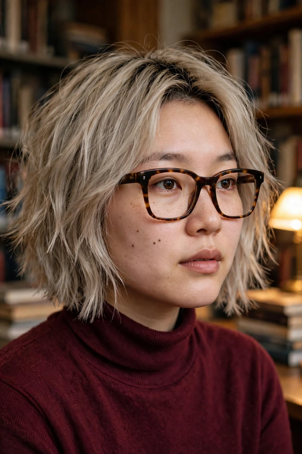 Young woman in her late 20s with an ash blonde choppy bob wearing bold tortoiseshell rectangular glasses, great for round faces.