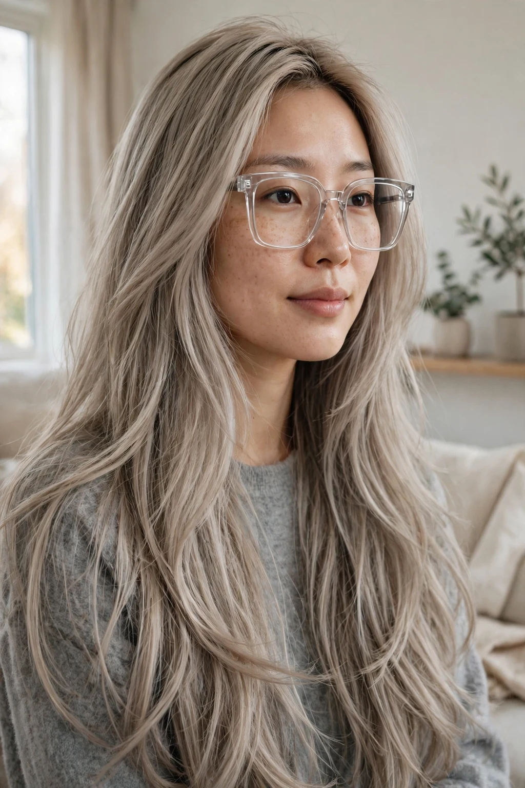 Young woman in her early 30s with ash blonde long layers wearing clear oversized square glasses.