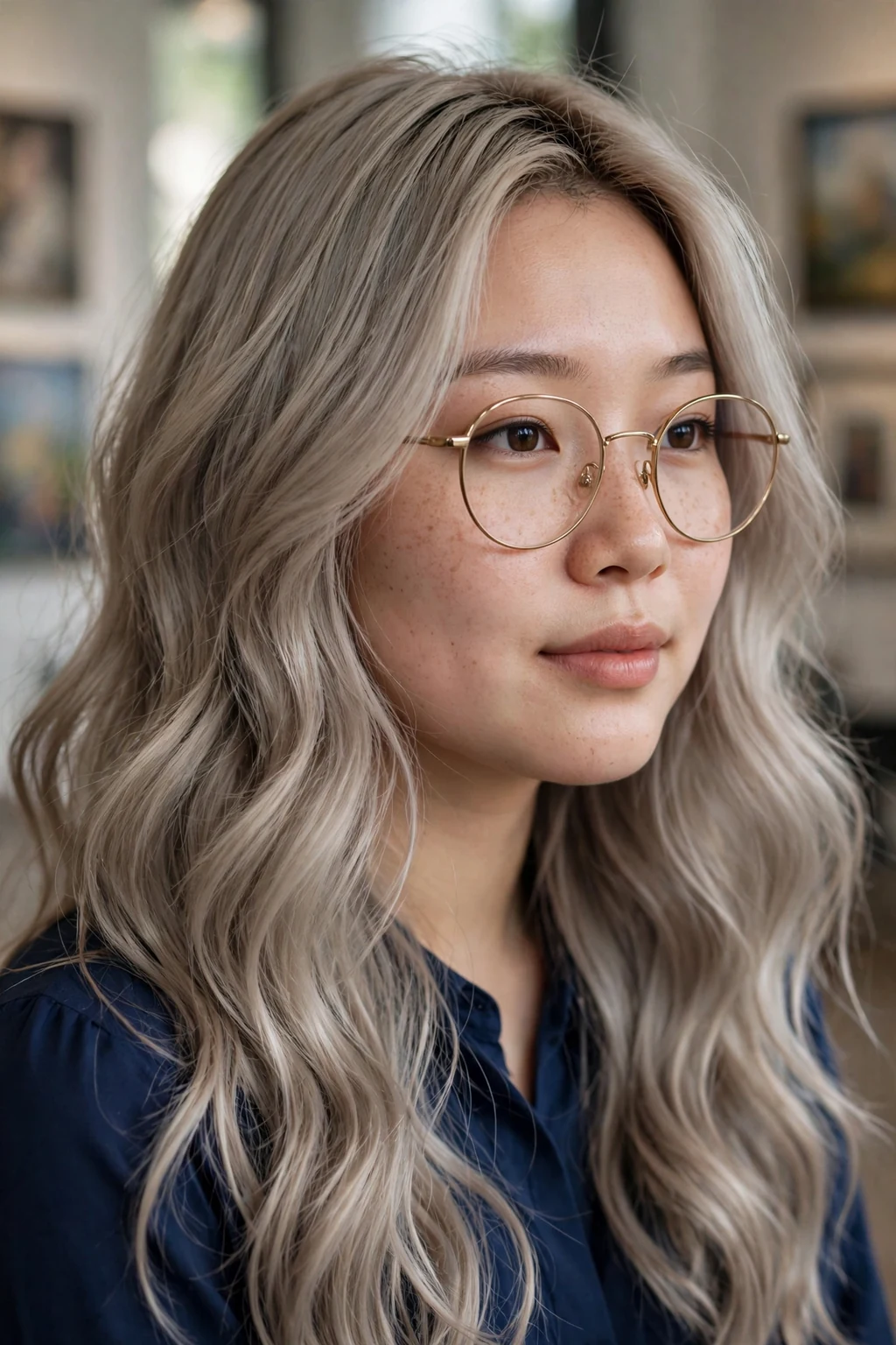 Young woman in her mid 20s with ash blonde waves wearing round thin metal glasses, flattering for round faces.
