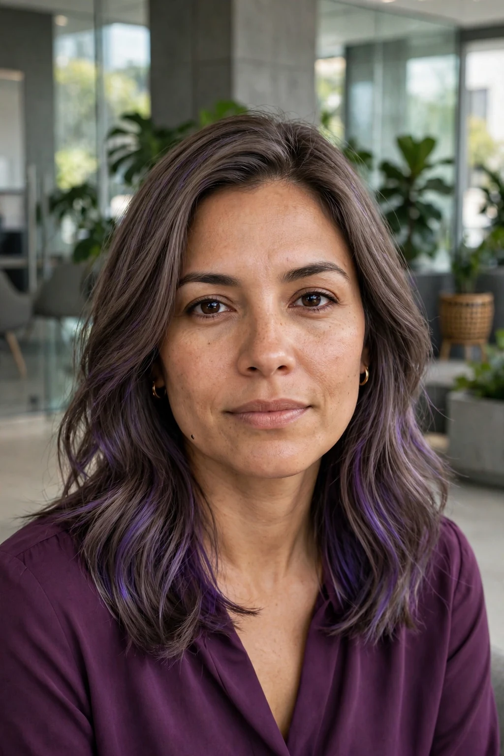 Young Latina woman in her early 30s with shoulder-length ash-brown hair and violet lowlights, wearing a plum blouse in a modern office lobby.