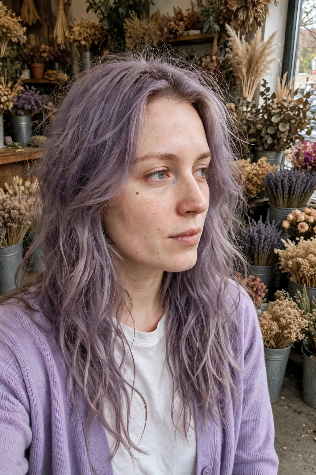 Young woman with ashen lavender witch waves in a flower shop wearing a lilac cardigan.
