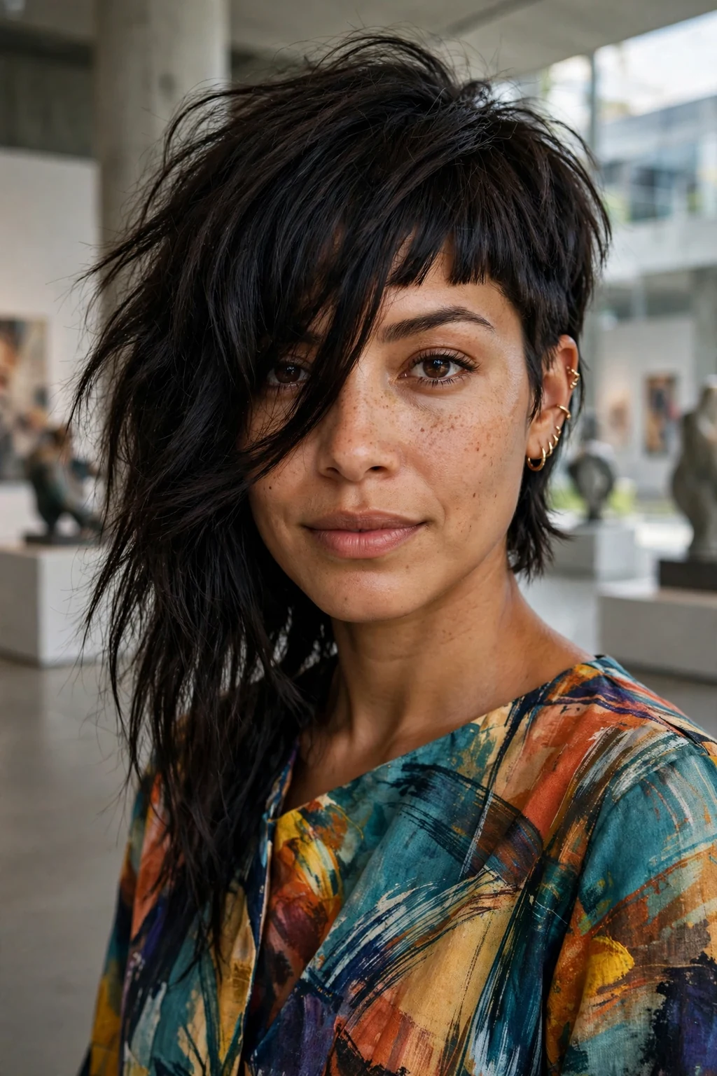 Beautiful woman with asymmetric bangs, bold asymmetric bangs, artistic light.