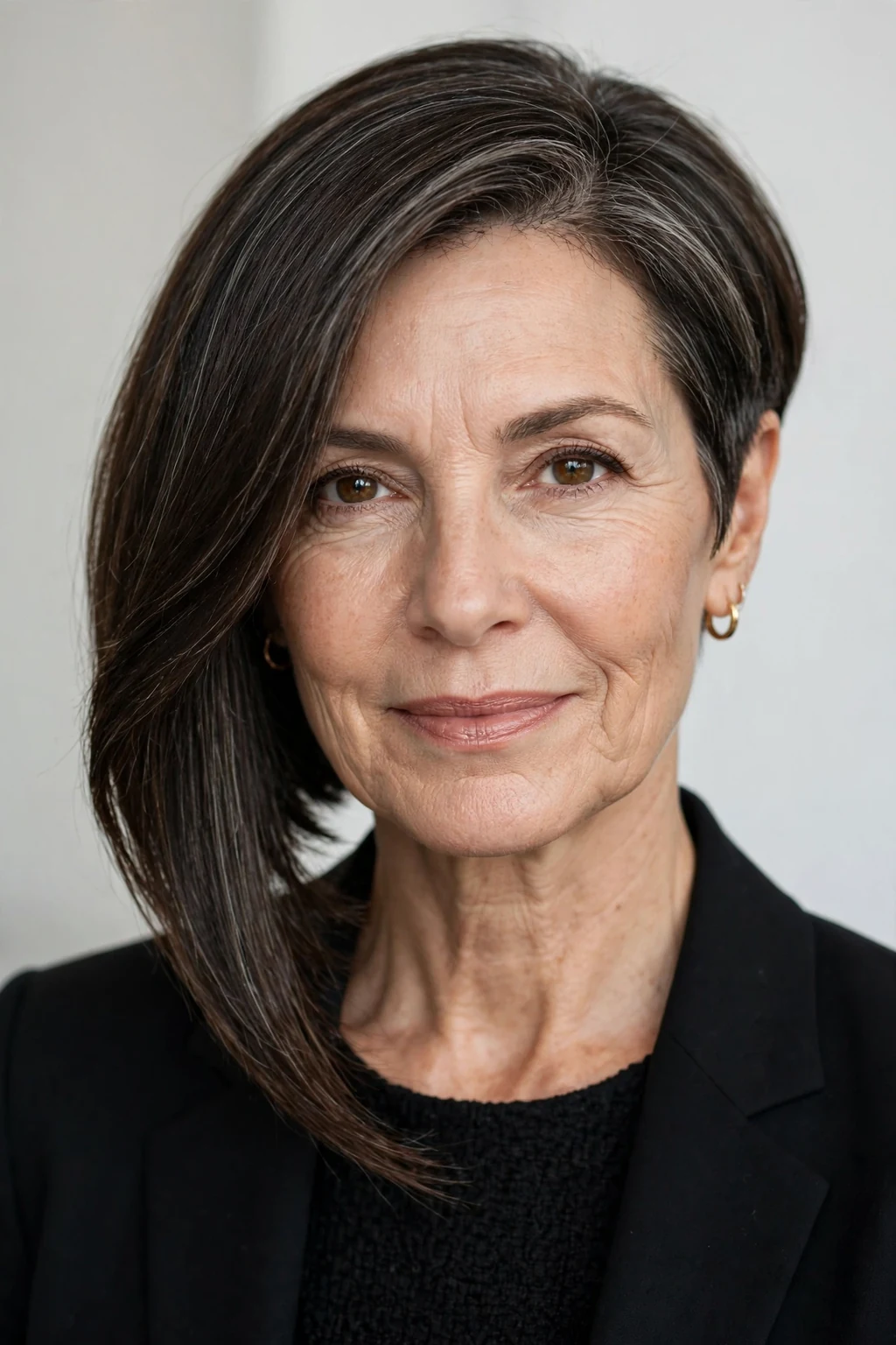 Elegant woman over 50 with asymmetric bob, modern angled cut, confident light.