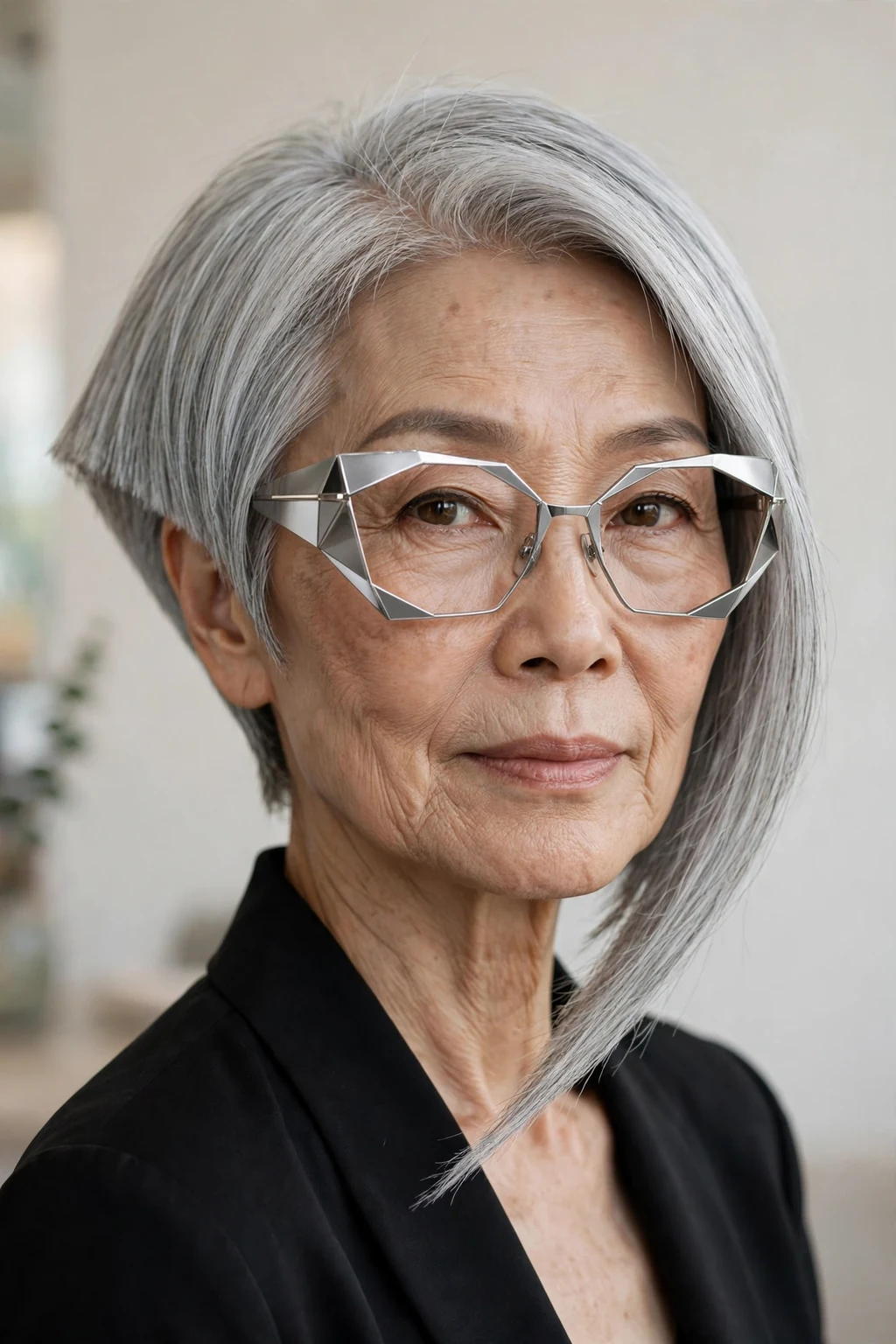 Elegant woman over 50 with fine hair and glasses and asymmetric bob, modern angled shape, confident light.