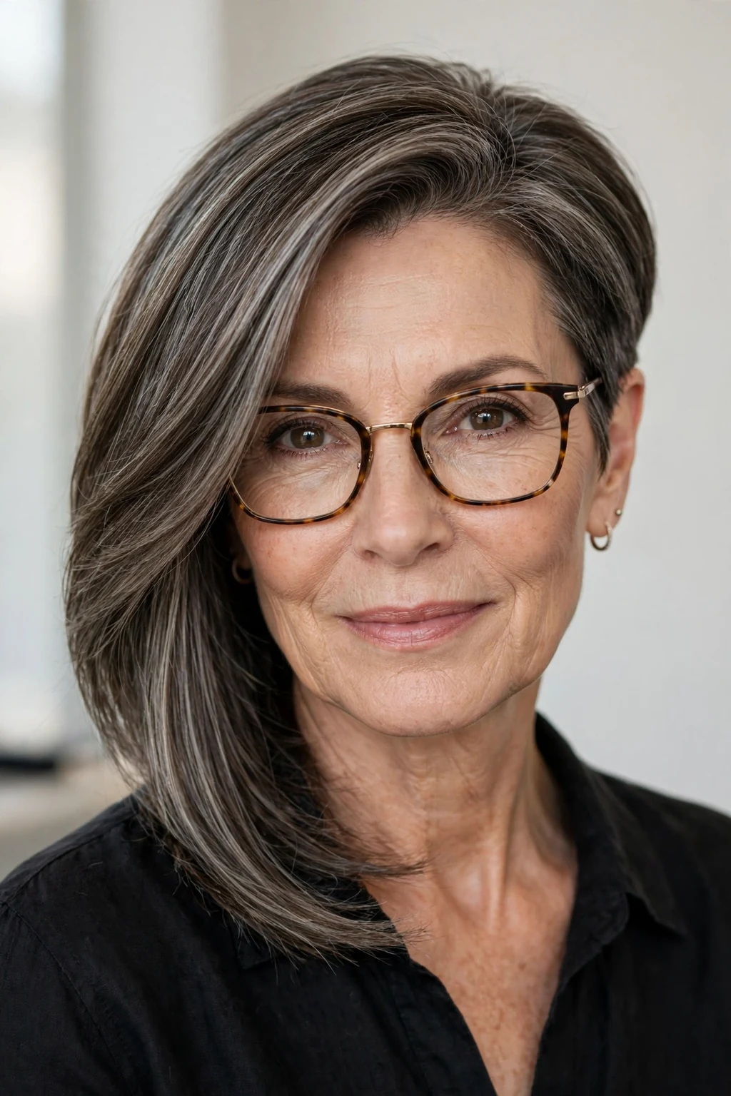 Elegant woman over 50 with glasses and asymmetric medium cut, modern angled shape, confident light.
