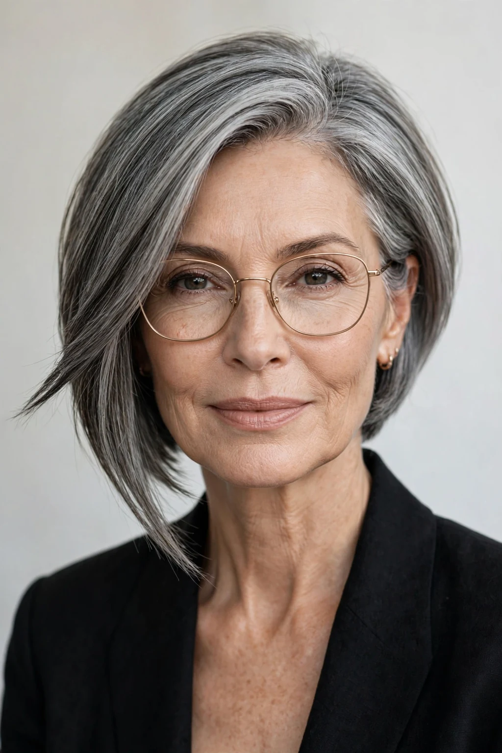 Elegant woman over 60 with glasses and asymmetric medium cut, modern angled shape, confident light.