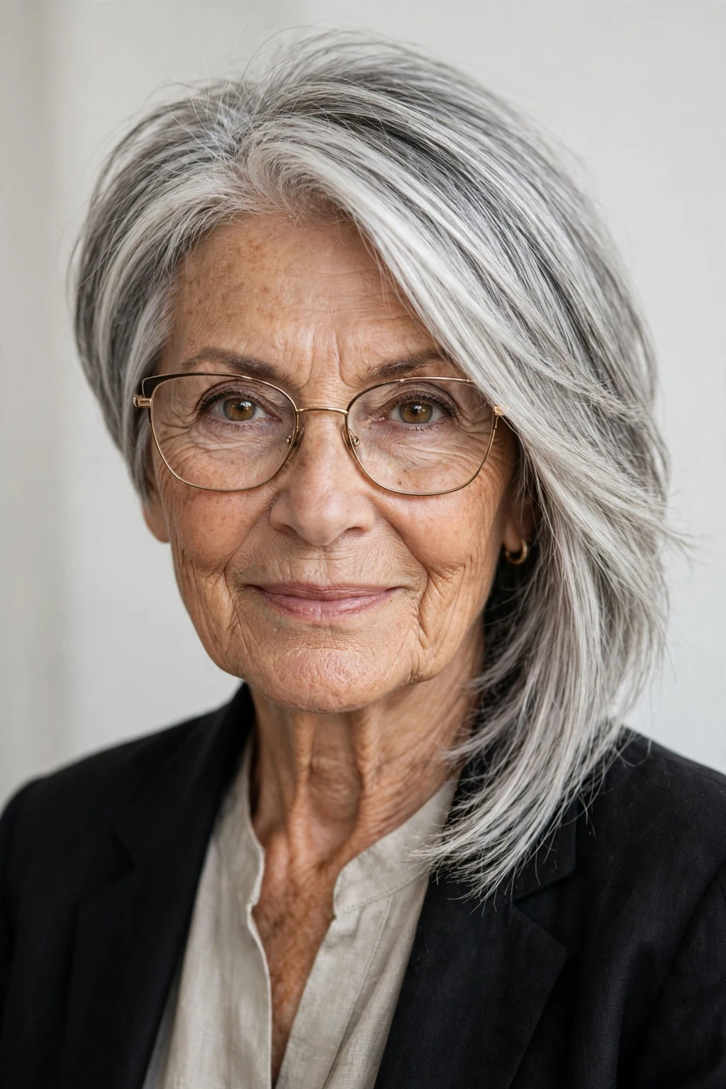 Elegant woman over 70 with glasses and asymmetric medium cut, modern angled shape, confident light.