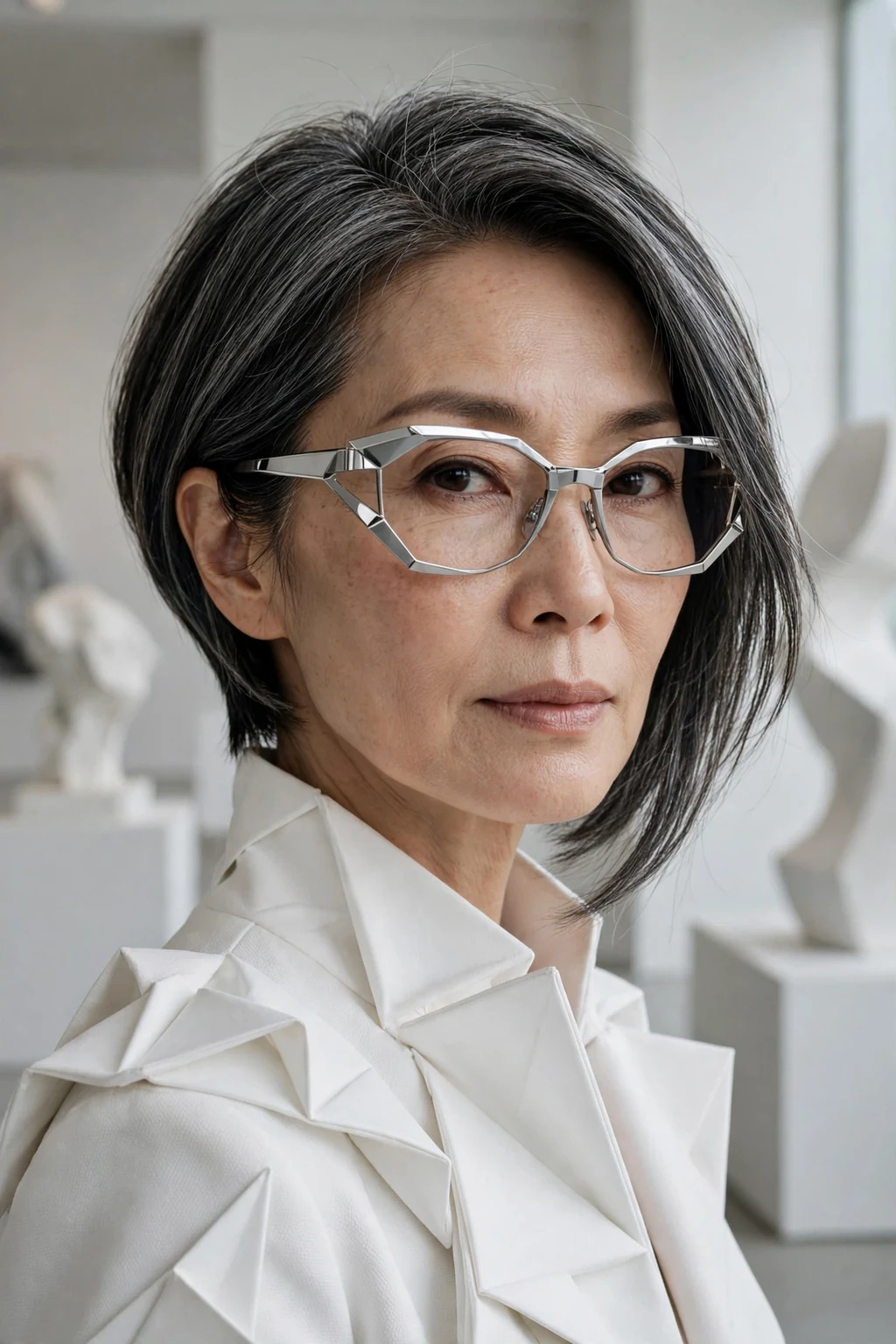 Elegant older woman over 50 with fine hair and glasses and asymmetric medium cut, modern angled shape, confident light.