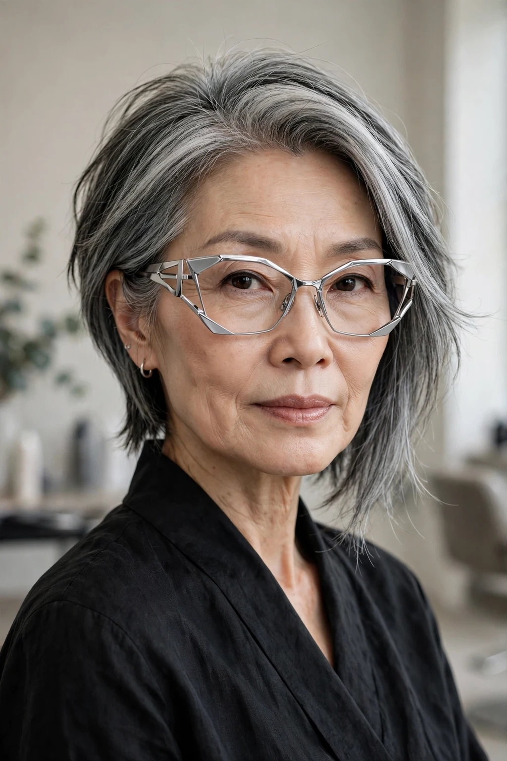 Elegant woman over 60 with fine hair and glasses and asymmetric medium cut, modern angled shape, confident light.
