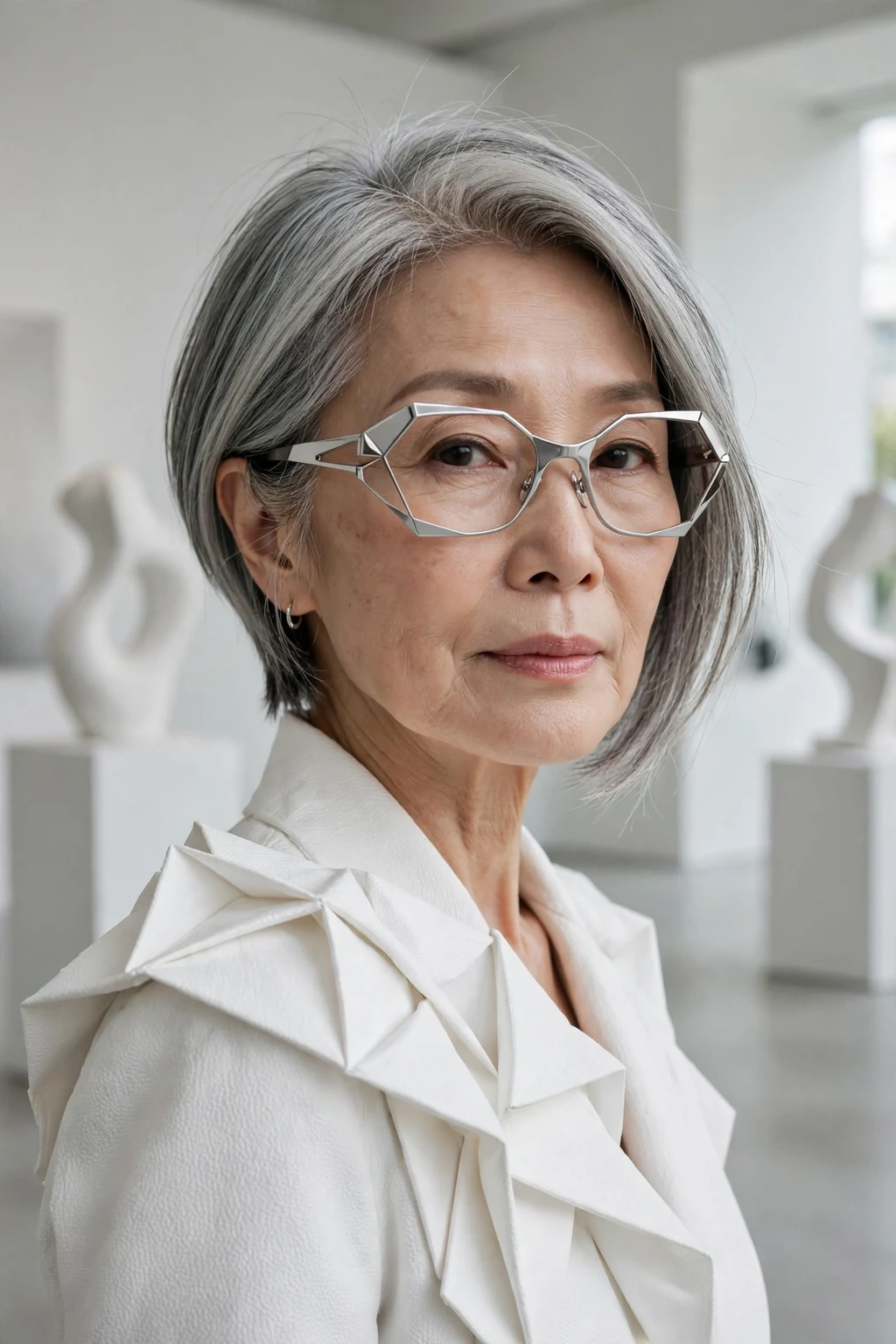 Elegant woman over 60 with fine hair and glasses and asymmetric medium cut, modern angled shape, confident light.