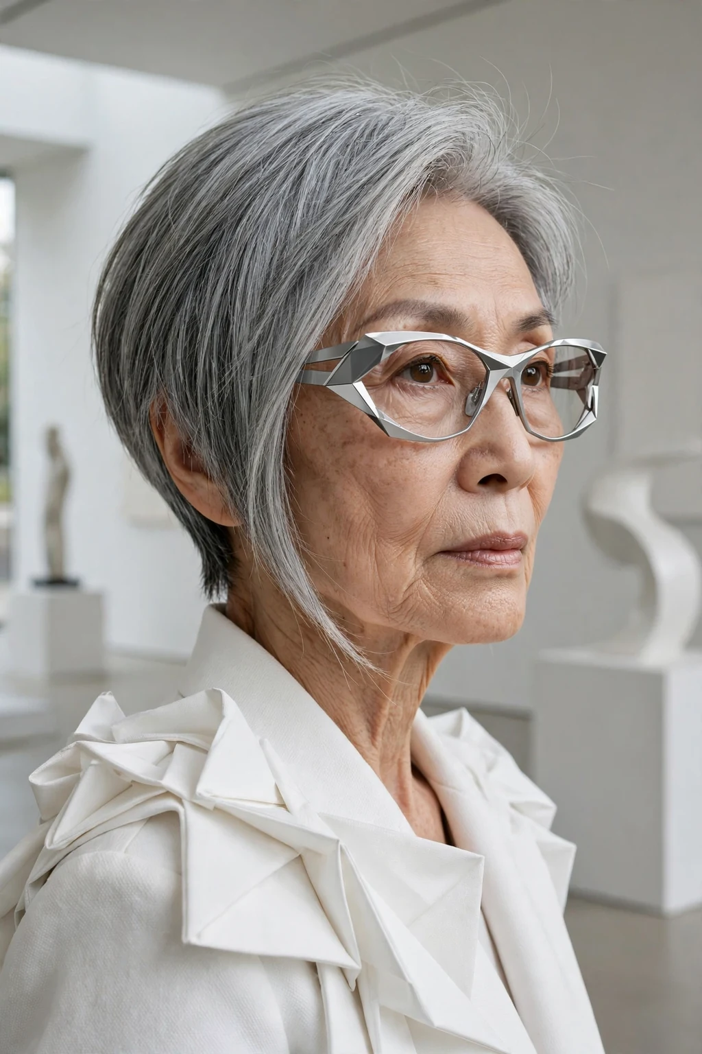 Elegant older woman over 70 with fine hair and glasses and asymmetric medium cut, modern angled shape, confident light.