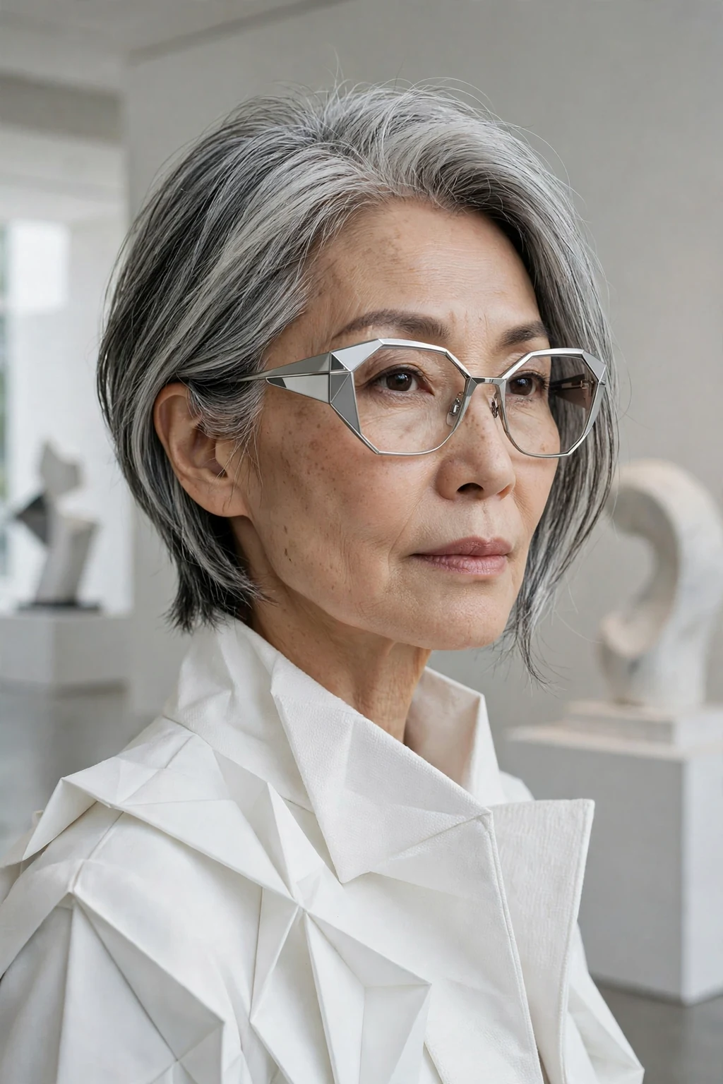 Elegant woman over 60 with fine hair and glasses and asymmetric medium cut, modern angled shape, confident light.