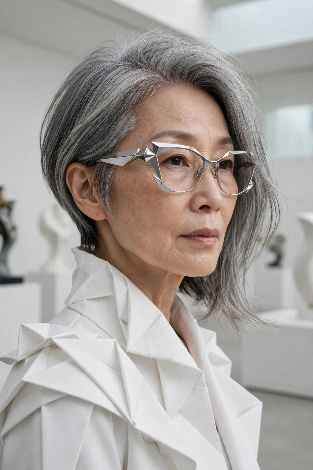 Elegant woman over 60 with fine hair and glasses and asymmetric medium cut, modern angled shape, confident light.