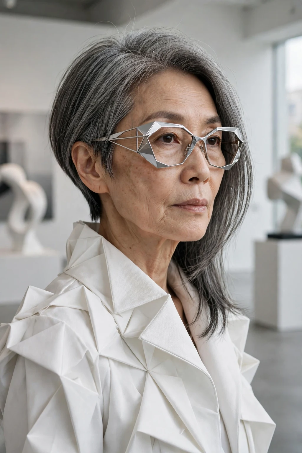 Elegant older woman with fine hair and glasses and asymmetric medium cut, modern angled shape, confident light.