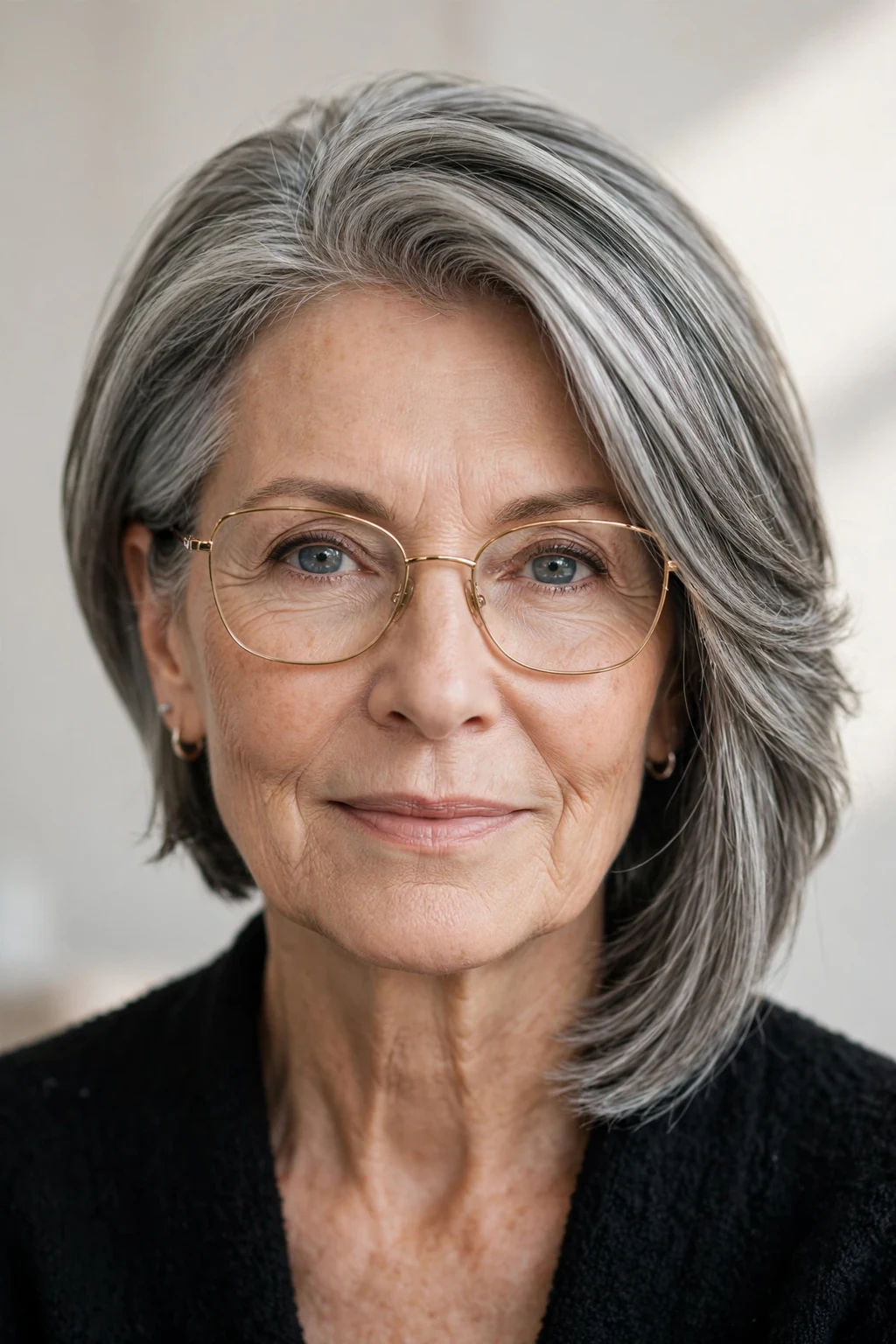 Elegant older woman with glasses and asymmetric medium cut, modern angled shape, confident light.