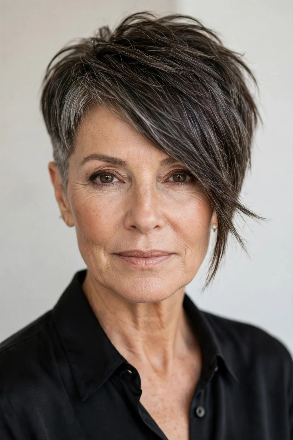 Elegant woman over 50 with asymmetric pixie, modern angled cut, confident light.