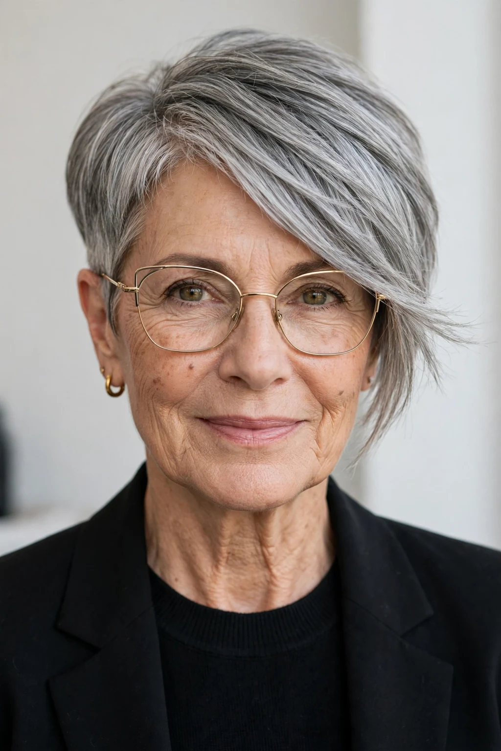 Elegant woman over 60 with glasses and asymmetric pixie, modern angled cut, confident light.
