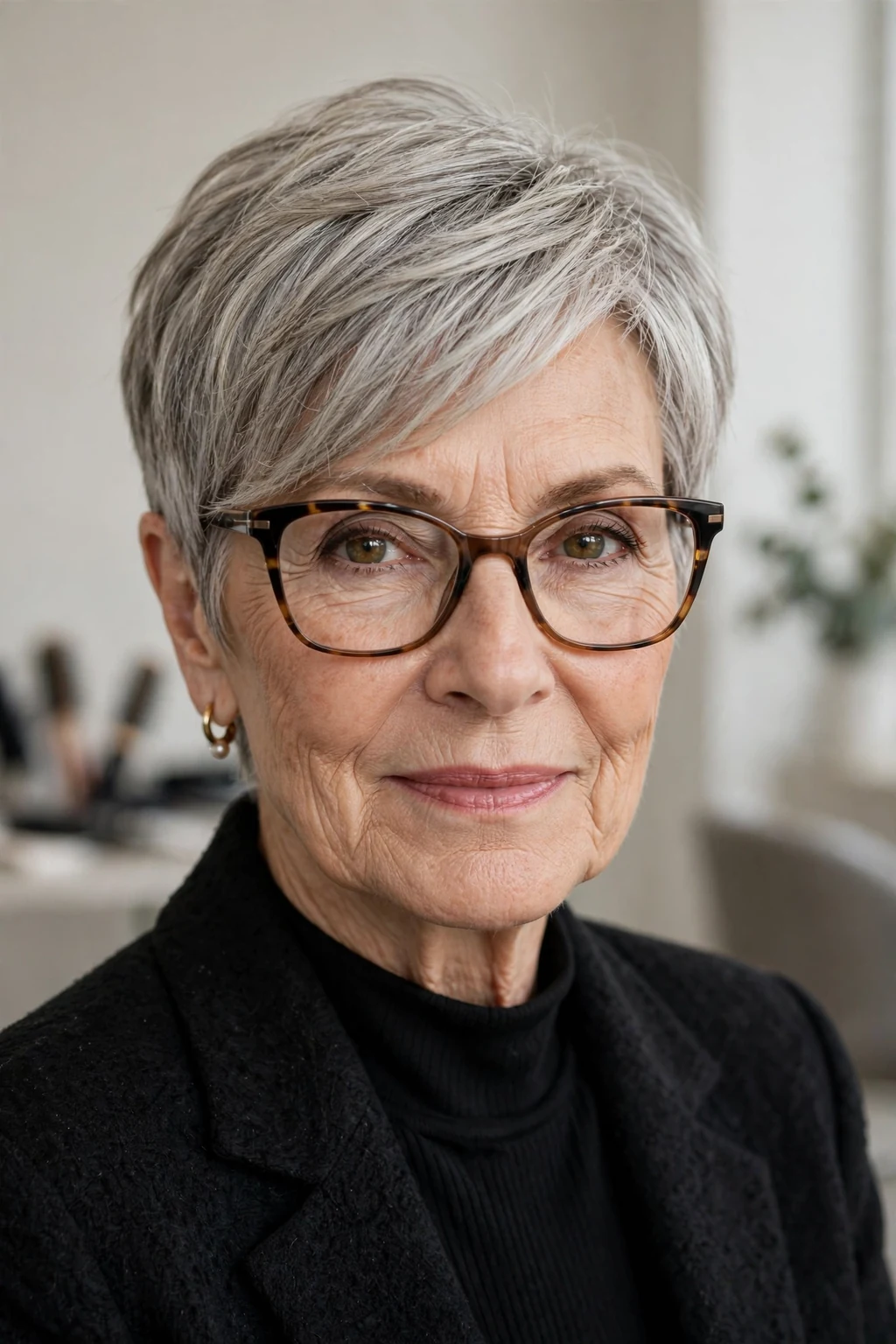 Elegant woman over 70 with glasses and asymmetric pixie, modern angled cut, confident light.