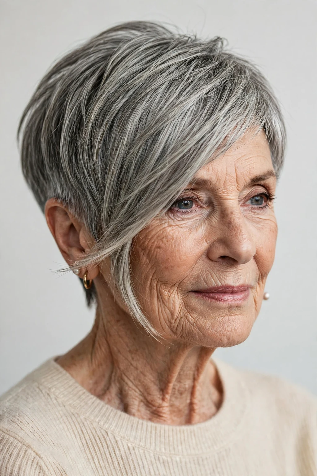 Elegant woman over 70 with asymmetric pixie, modern angled cut, bold light.