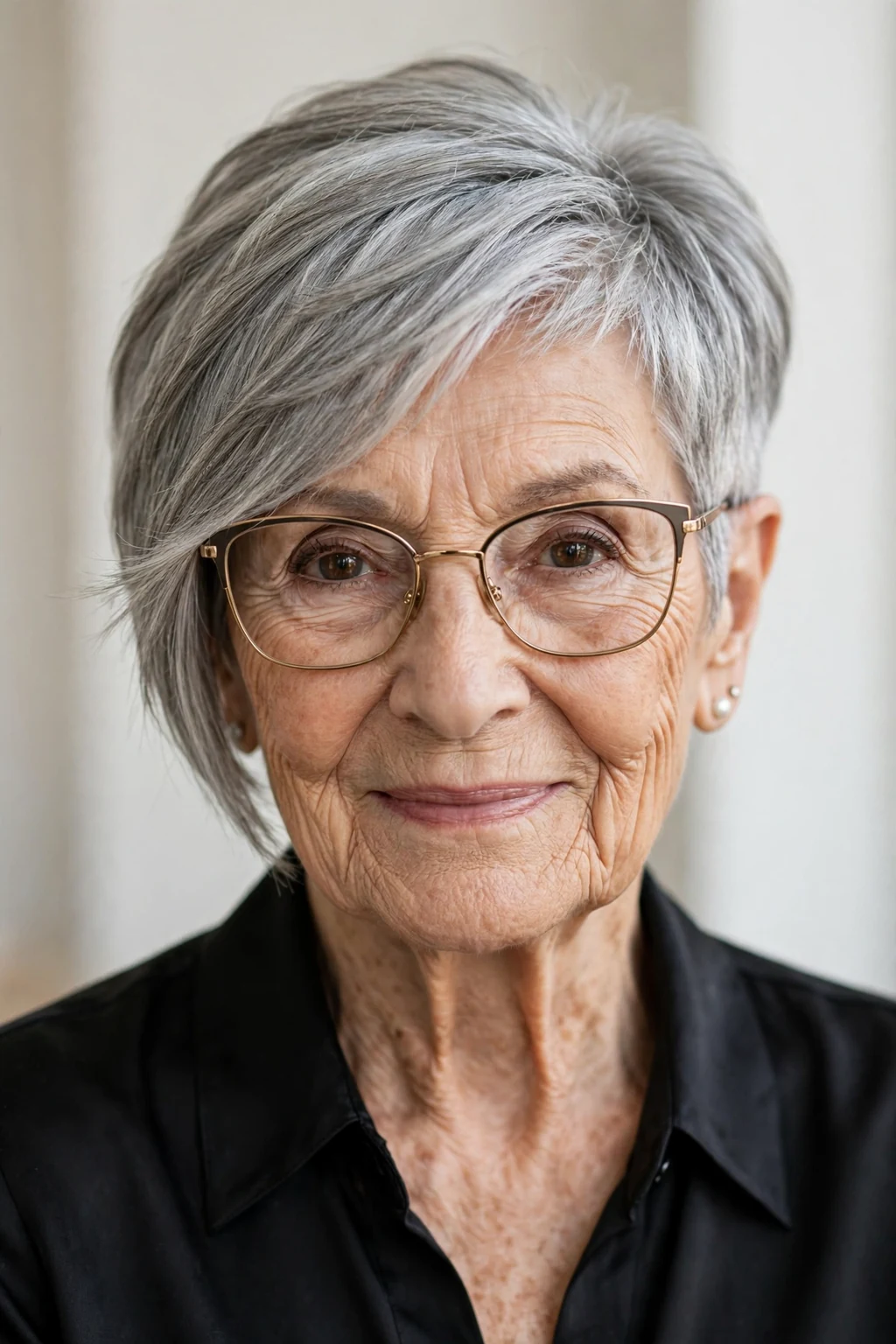 Elegant woman over 80 with glasses and asymmetric pixie, modern angled cut, confident light.
