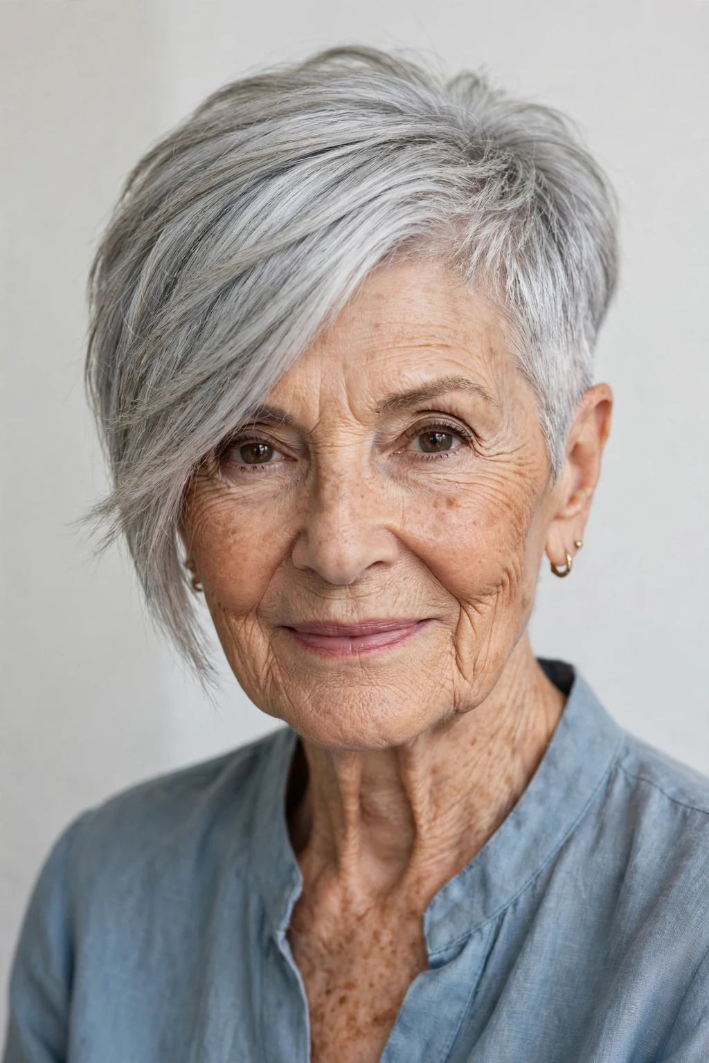 Elegant woman over 80 with asymmetric pixie, modern angled cut, confident light.