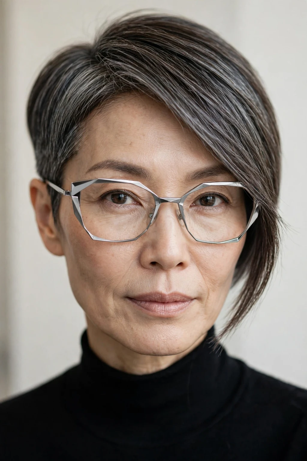 Elegant woman over 50 with fine hair and glasses and asymmetric pixie, modern angled shape, confident light.