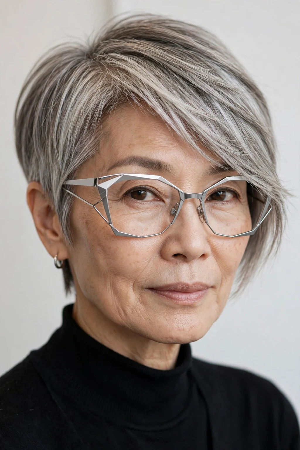 Elegant older woman with fine hair and glasses and asymmetric pixie, modern angled shape, confident light.
