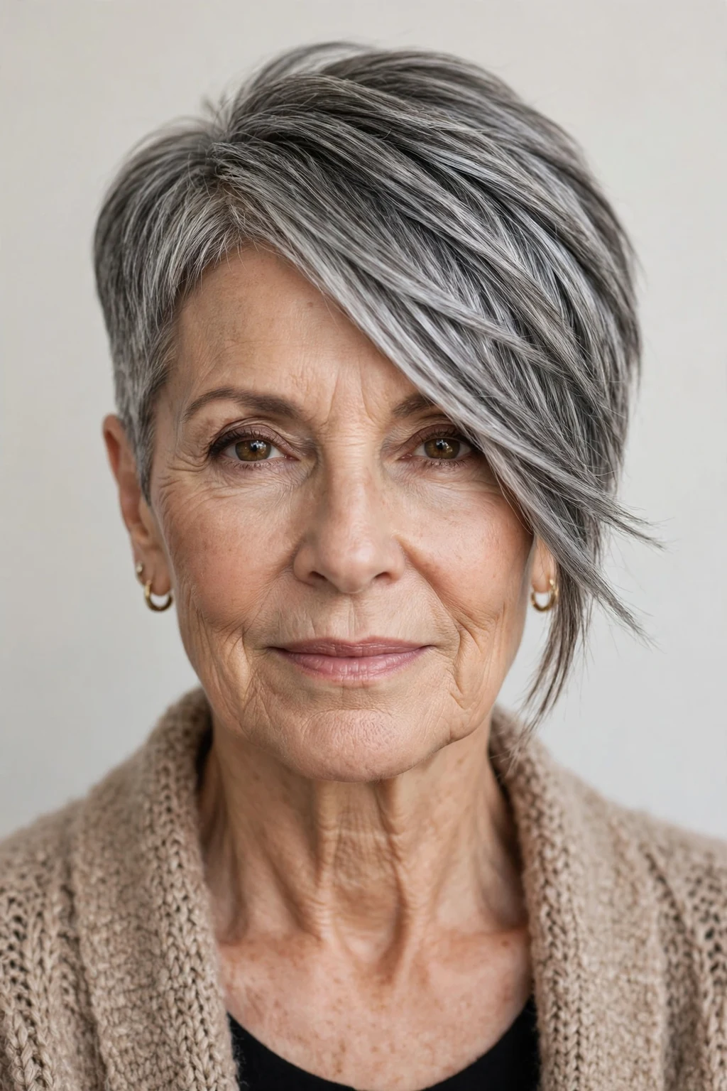 Elegant older woman with asymmetric pixie, modern angled cut, confident light.
