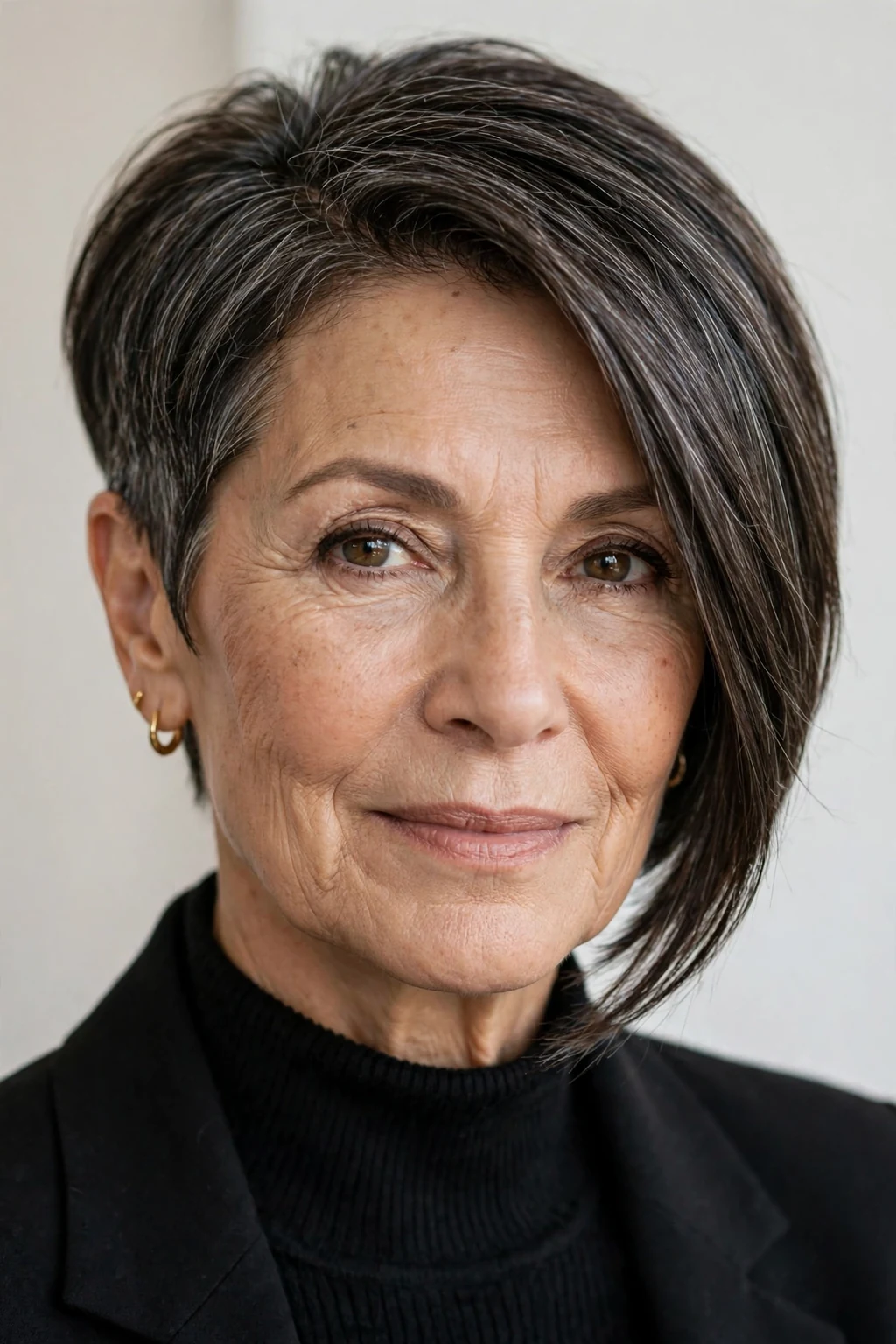 Elegant woman over 50 with asymmetric short cut, modern angled shape, confident light.