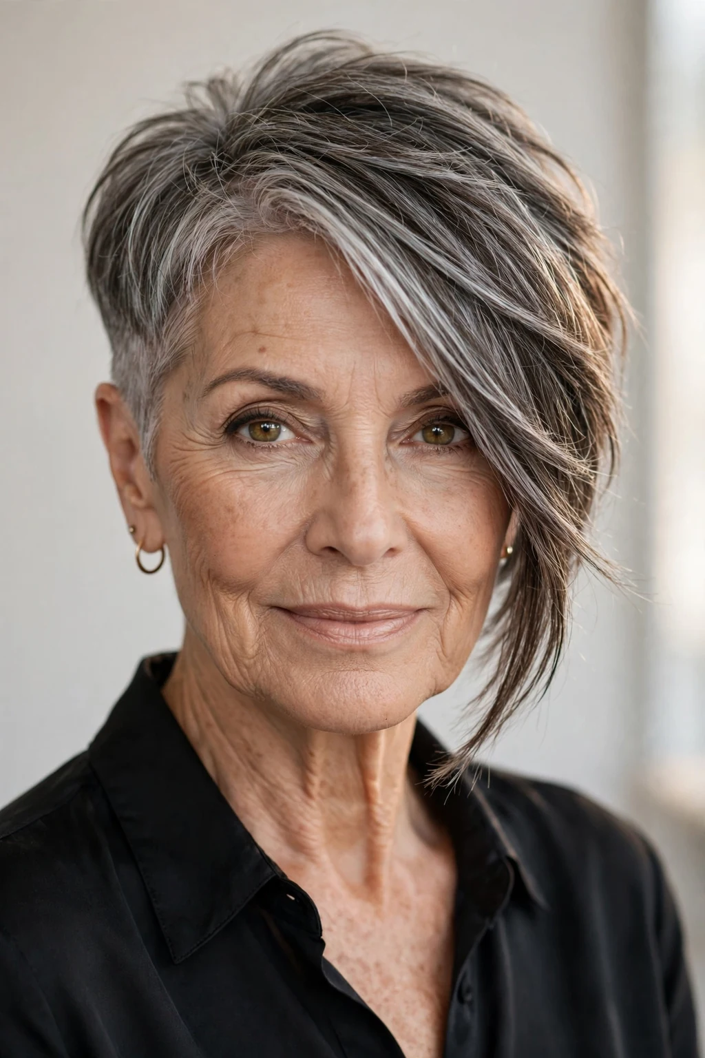 Elegant woman over 60 with asymmetric short cut, modern angled shape, confident light.