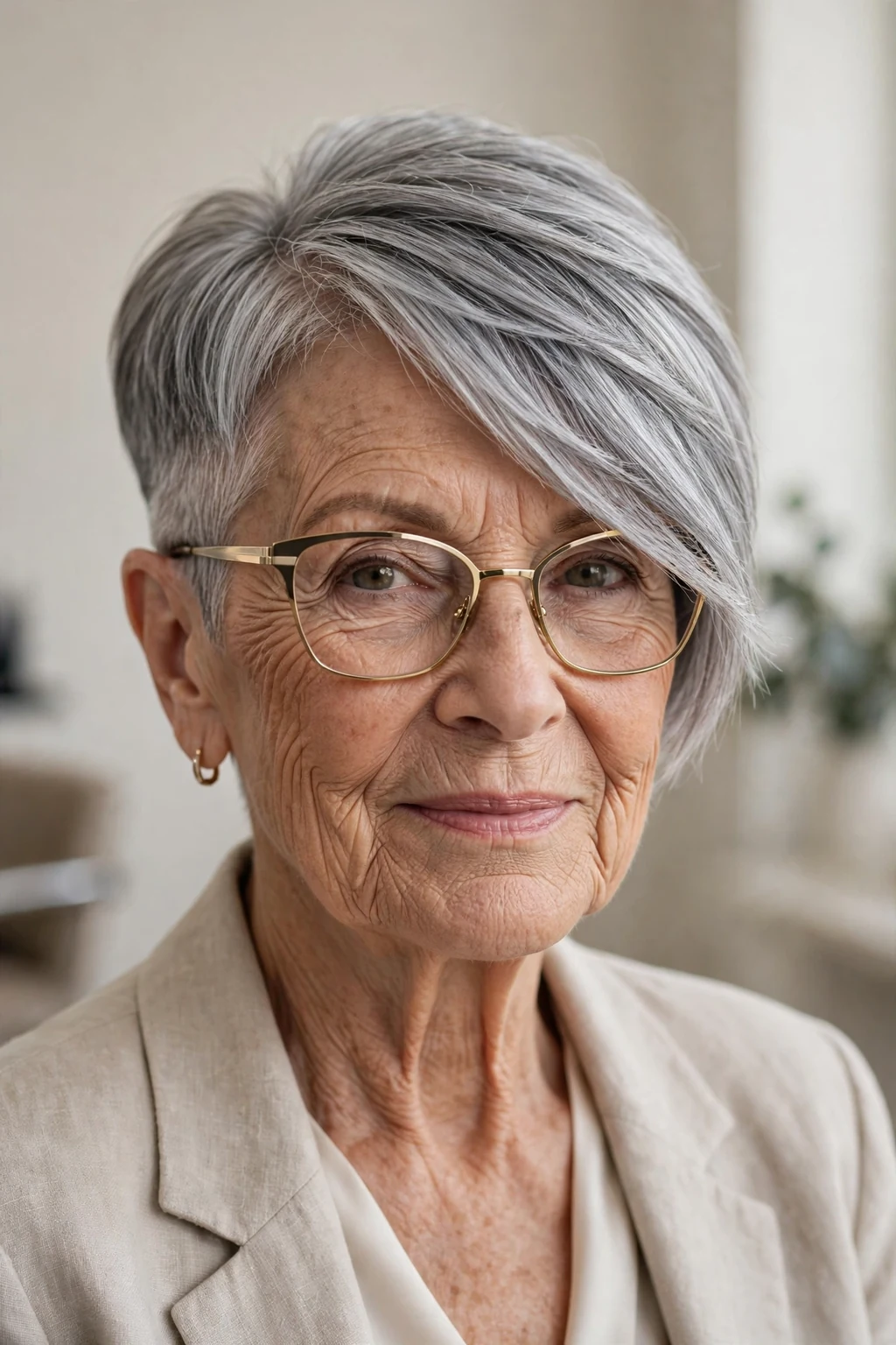 Elegant woman over 70 with glasses and asymmetric short cut, modern angled shape, confident light.
