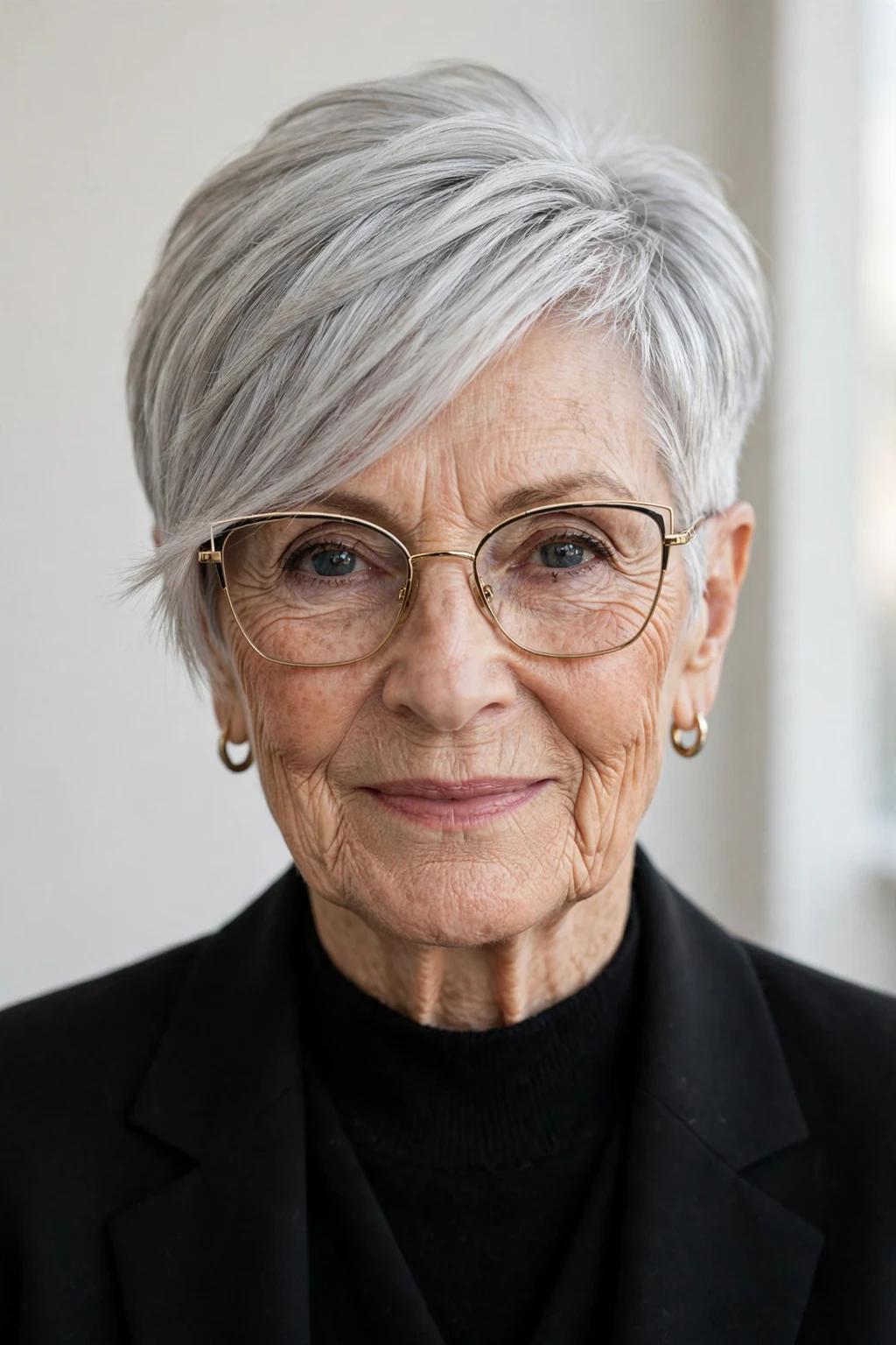 Elegant woman over 80 with glasses and asymmetric short cut, modern angled shape, confident light.