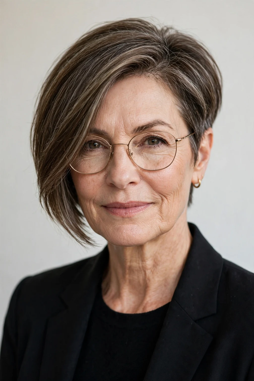 Elegant woman over 50 with glasses and asymmetric short cut, modern angled shape, confident light.