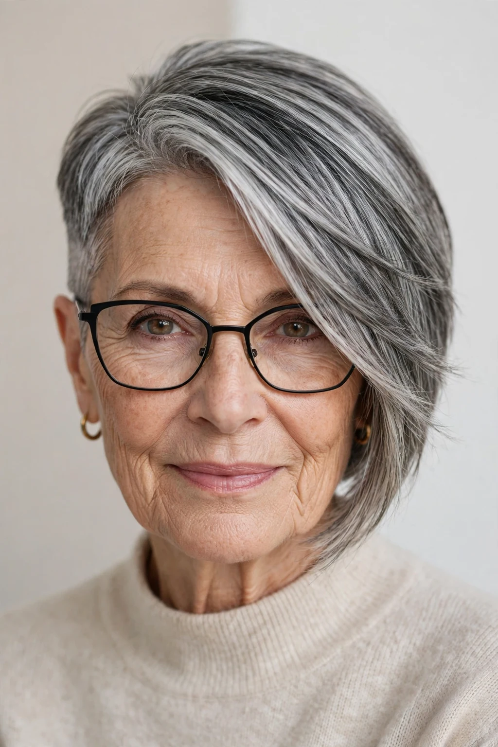 Elegant woman over 60 with glasses and asymmetric short cut, modern angled shape, confident light.