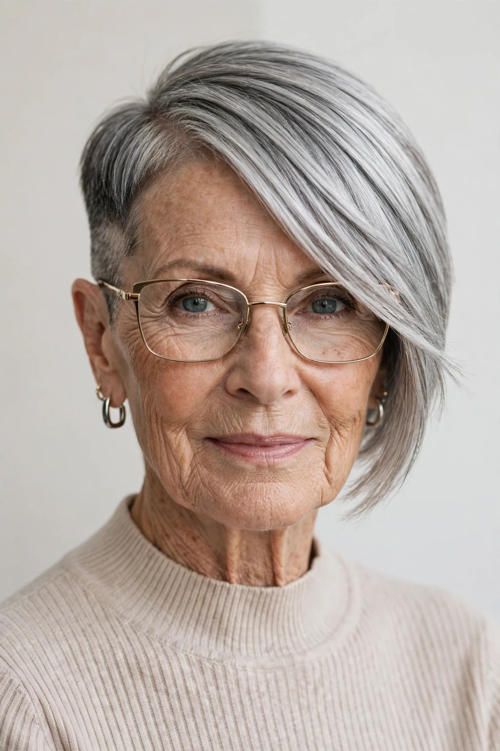 Elegant woman over 70 with glasses and asymmetric short cut, modern angled shape, confident light.
