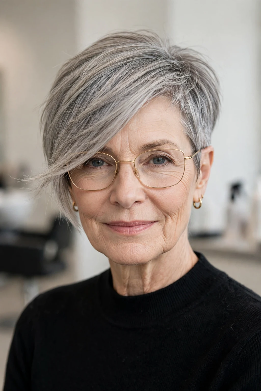 Elegant woman over 60 with fine hair and glasses and asymmetric short cut, modern angled shape, confident light.