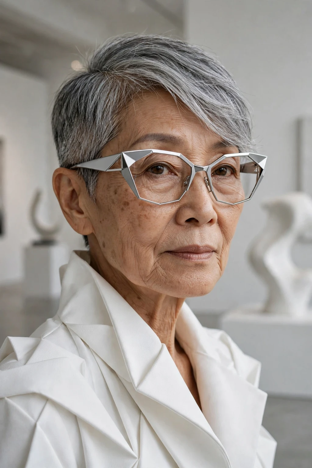 Elegant older woman over 70 with fine hair and glasses and asymmetric short cut, modern angled shape, confident light.