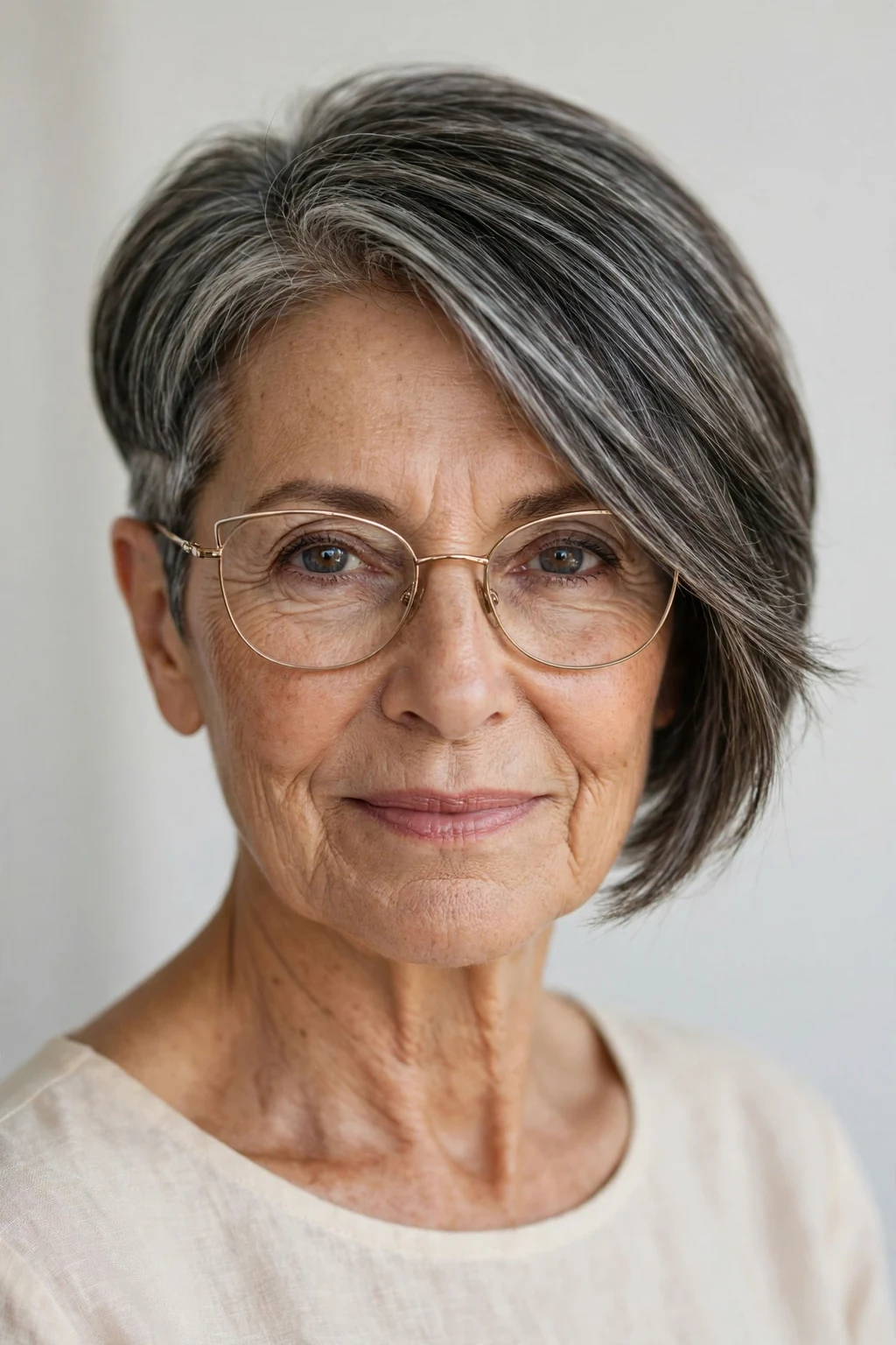Elegant older woman with glasses and asymmetric short cut, modern angled shape, confident light.