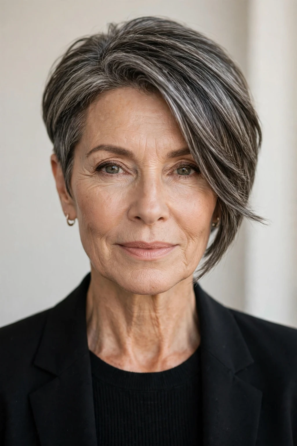 Elegant older woman over 50 with asymmetric short cut, modern angled shape, confident light.
