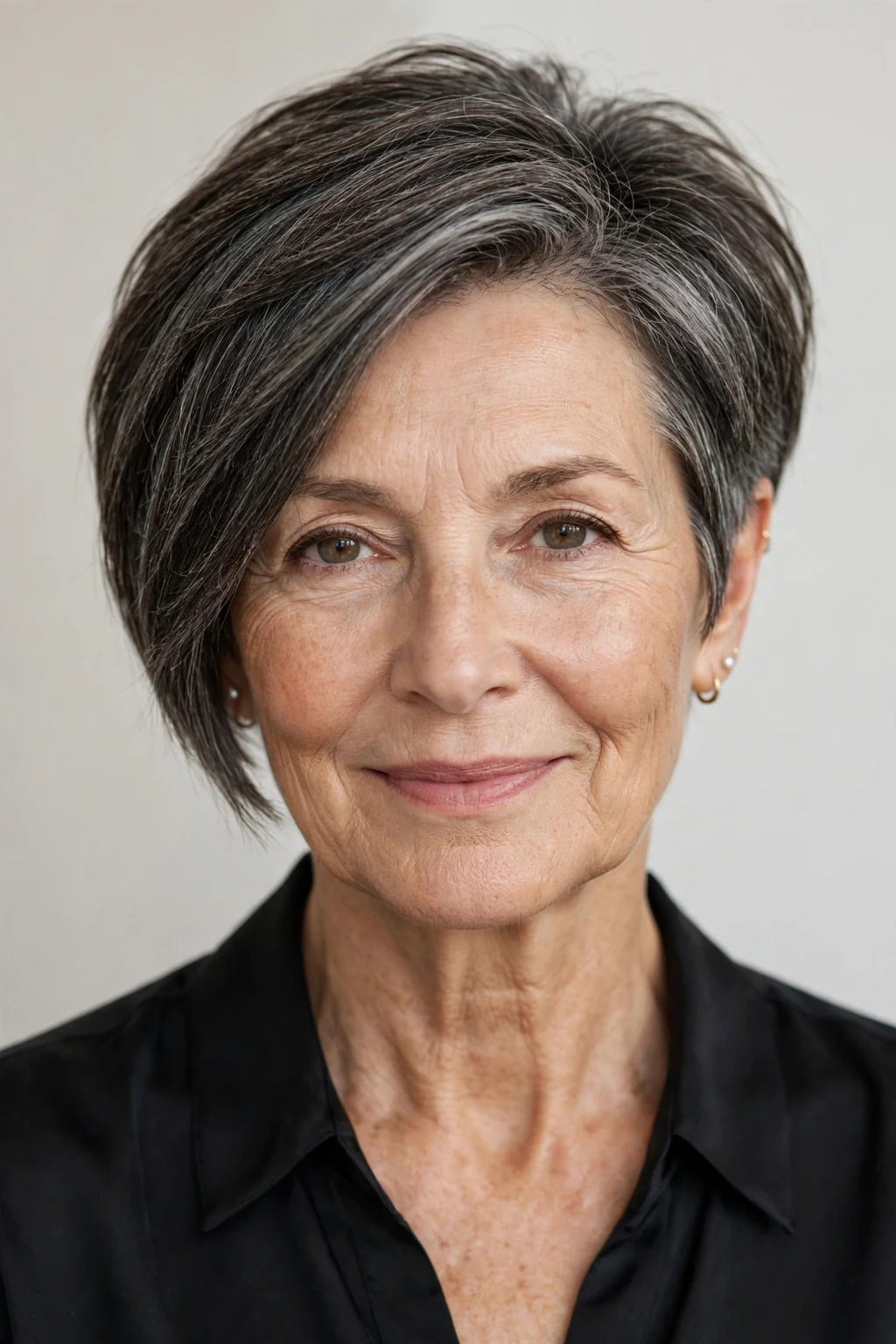 Elegant older woman over 60 with asymmetric short cut, modern angled shape, confident light.