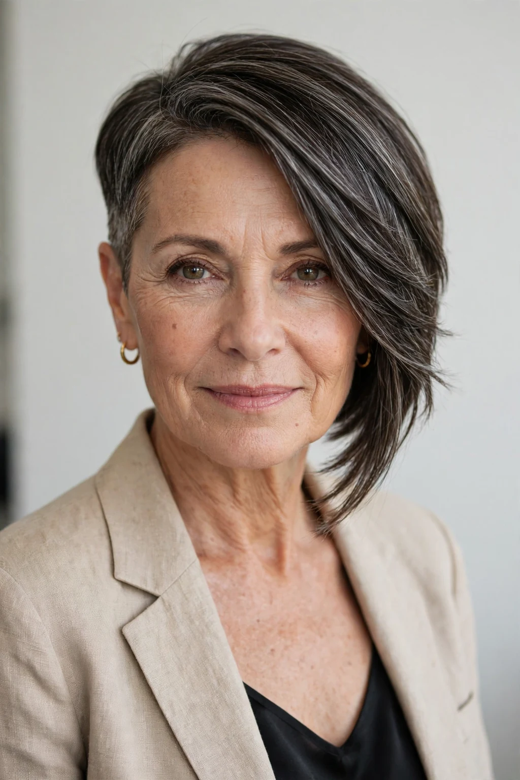 Elegant older woman with asymmetric short cut, modern angled shape, confident light.