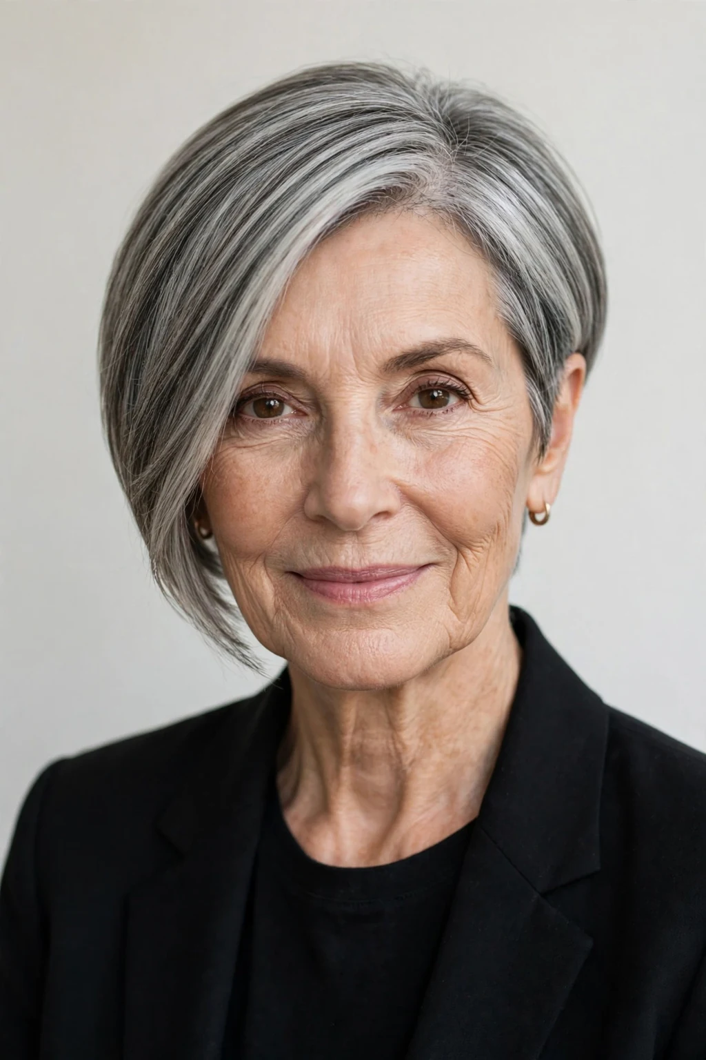 Elegant woman over 60 with asymmetric short cut, modern angled shape, confident light.