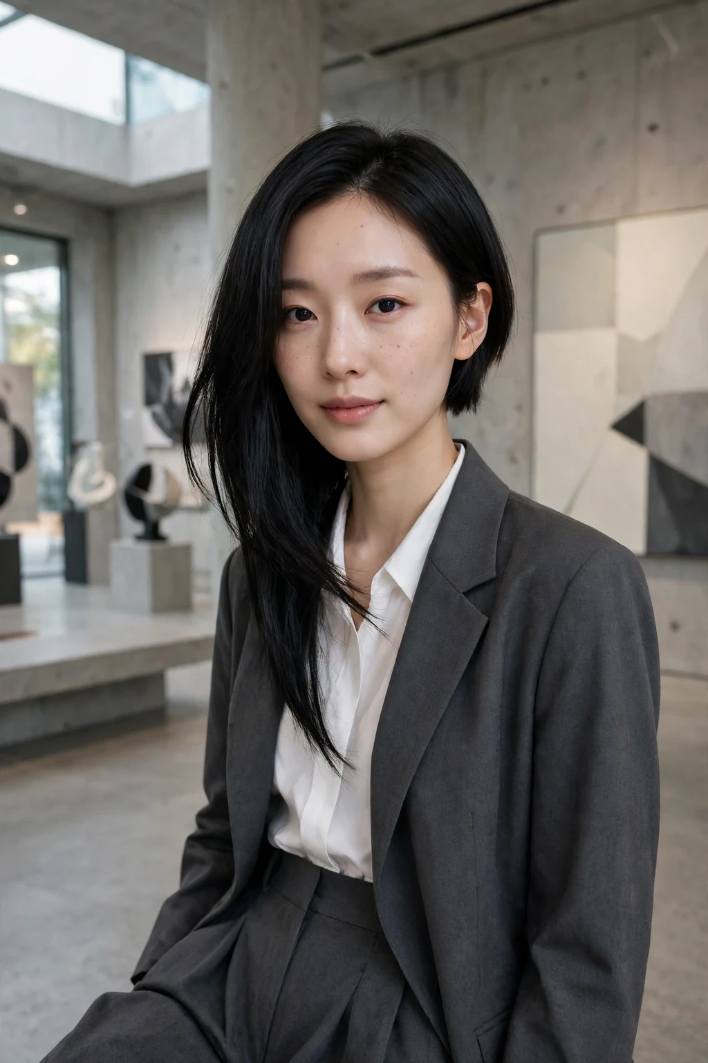 Young Korean woman with an asymmetrical bob haircut in an art gallery wearing a blazer.