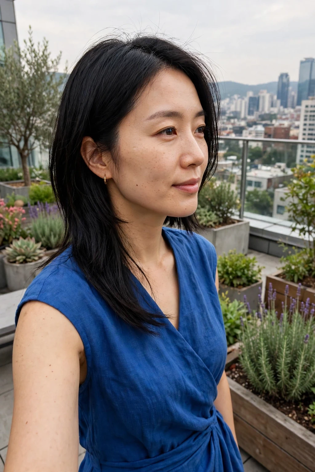 Young woman with an asymmetrical bob, noticeably longer on one side, giving fine hair a bold modern edge.