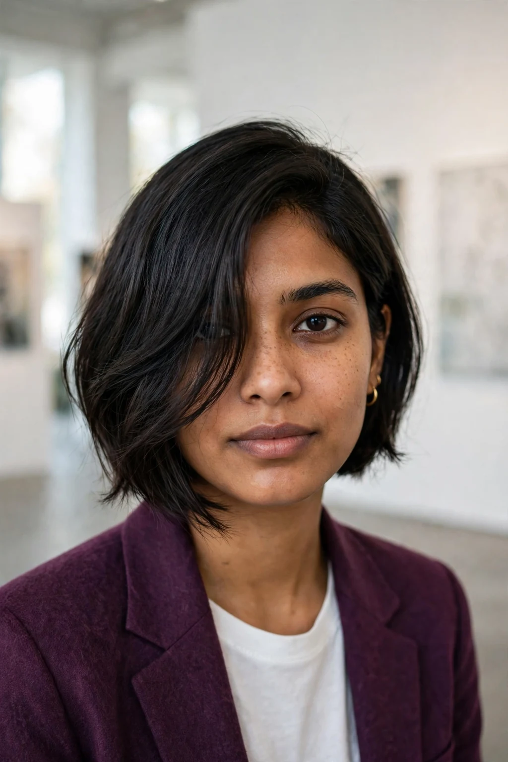 Young woman with an asymmetrical bob, one side longer than the other, in a modern gallery.