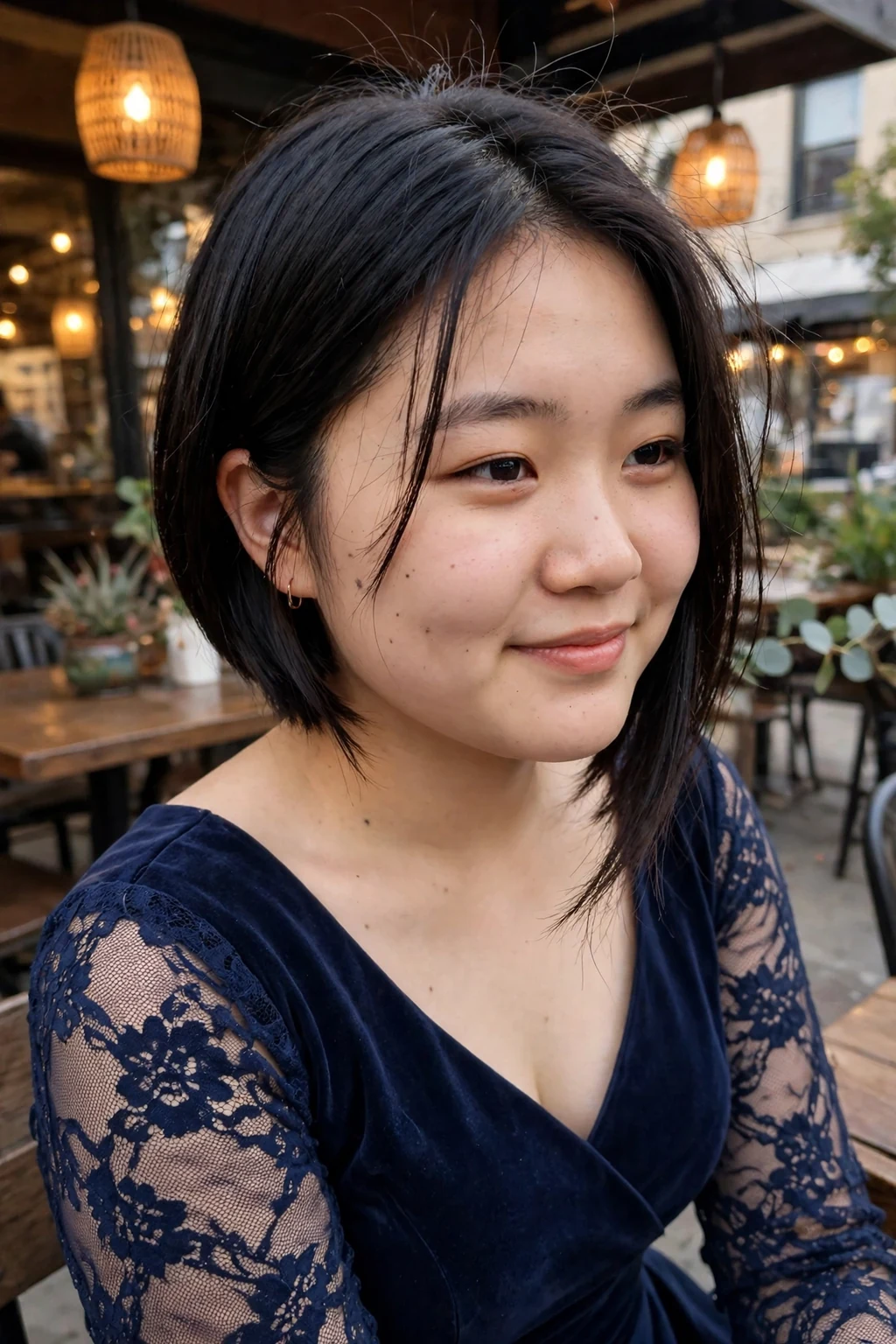 Young woman aged 18 to 20 with asymmetrical bob hairstyle for prom, a cafe patio with warm lanterns.