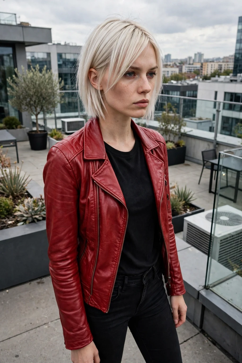 Young woman with a asymmetrical bob with angled bangs hairstyle, sleek and architectural.