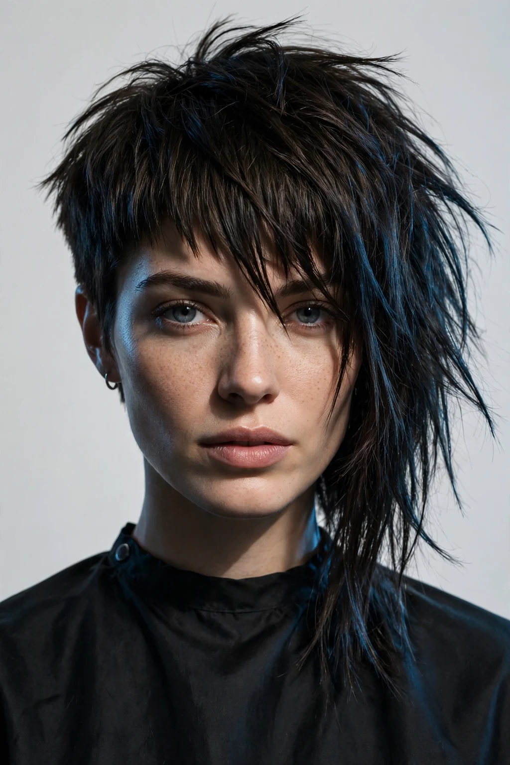 Woman with asymmetrical bob and bangs, dramatic uneven cut, modern edgy light.
