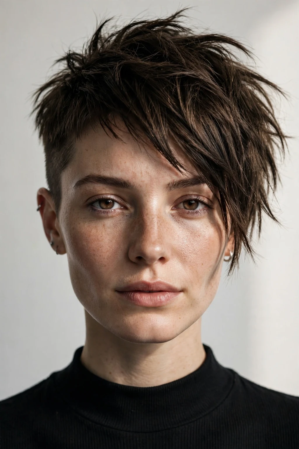 Woman with asymmetrical buzz cut, uneven edgy lengths, modern artistic light.